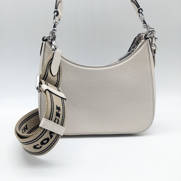 COACH Hobo pebbled leather logo strap shoulder crossbody bag - Chalk/Ivory - Picture 4 of 13